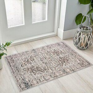 KUTA Vintage Small Area Rug 2x3 Tan Washable Entryway Rug Non-Slip